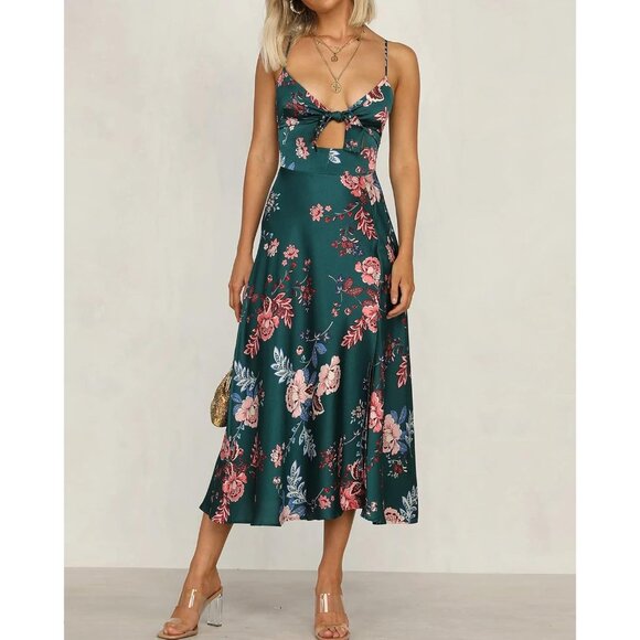 Women Satin Midi Dress Floral Tie Front Backless Split Boho Casual - Picture 3 of 5